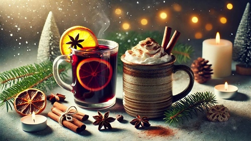 Homemade Christmas hot drinks: mulled wine, hot chocolate, and aromatic teas
